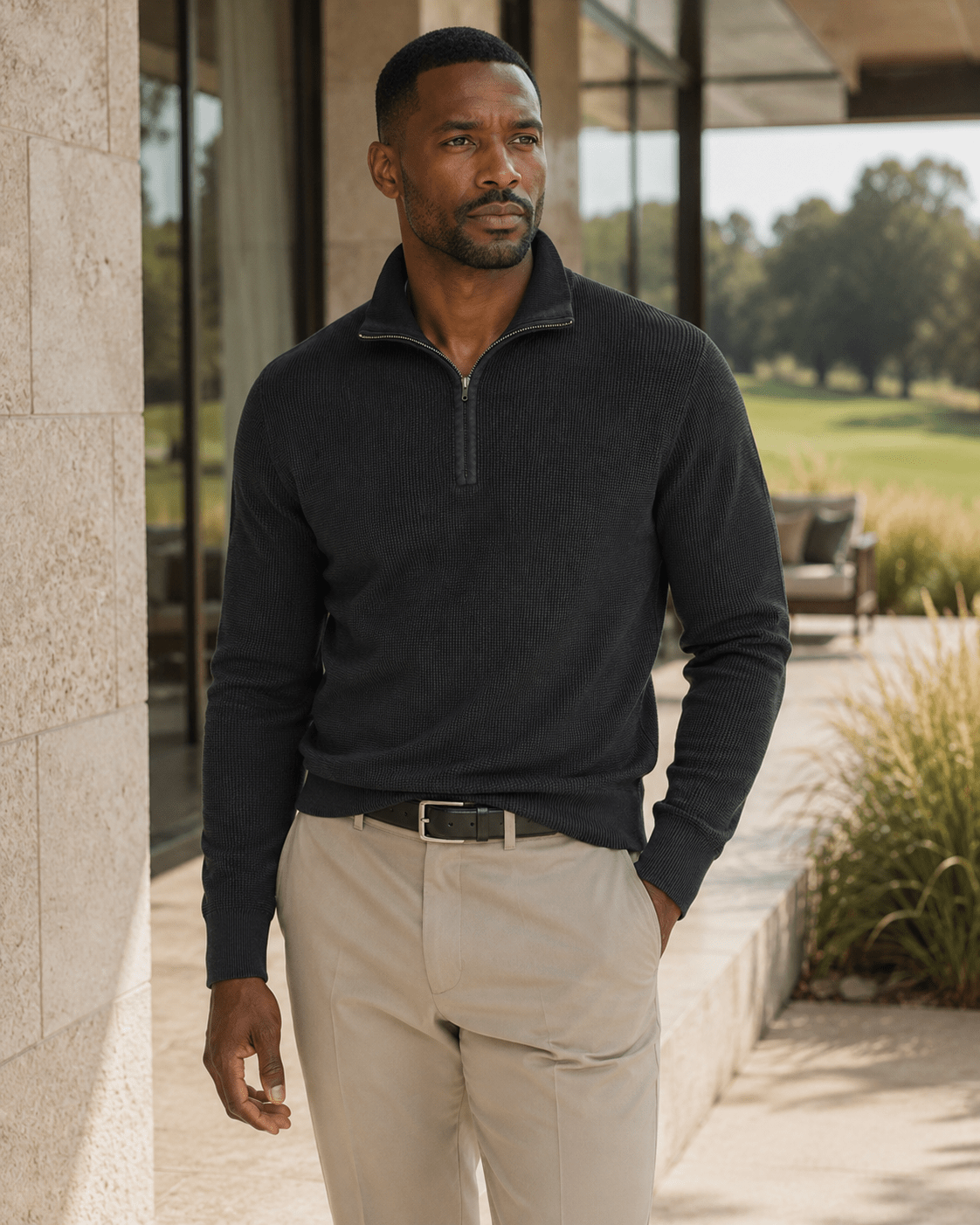 Sandwashed Thermal Quarter-Zip Sweater - F/X Fusion - Quarter-Zip Sweater - #color_Black