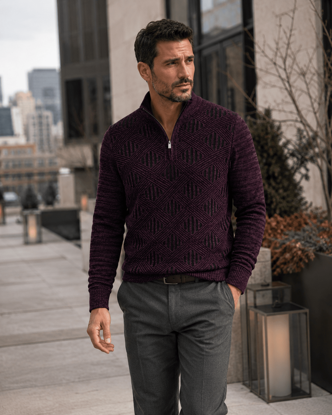 Textured Lattice Quarter-Zip Sweater - F/X Fusion - Quarter-Zip Sweater - #color_Black