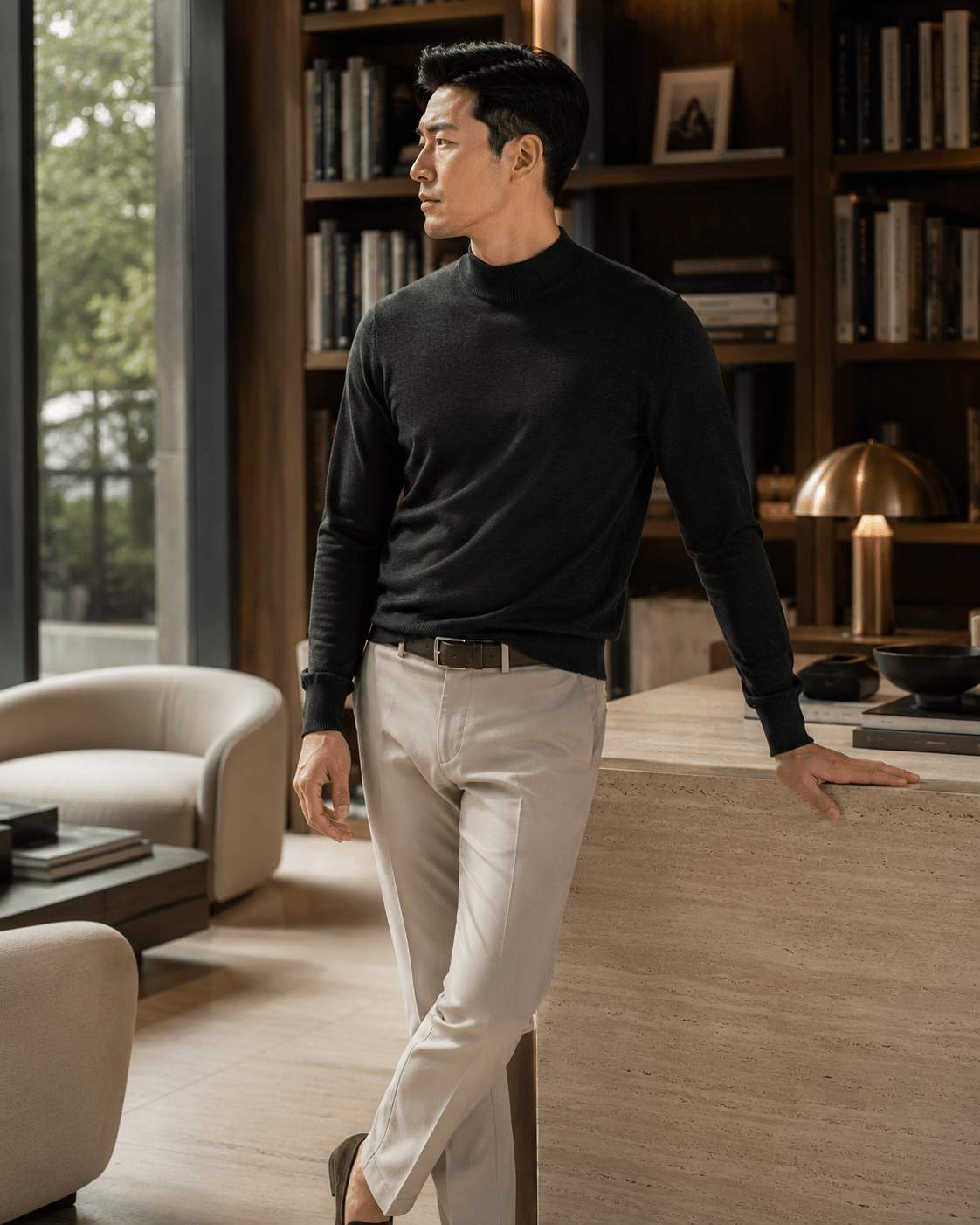 Cotton-Blend Mock Neck Sweater - F/X Fusion - Mock Neck Sweater - #color_Black