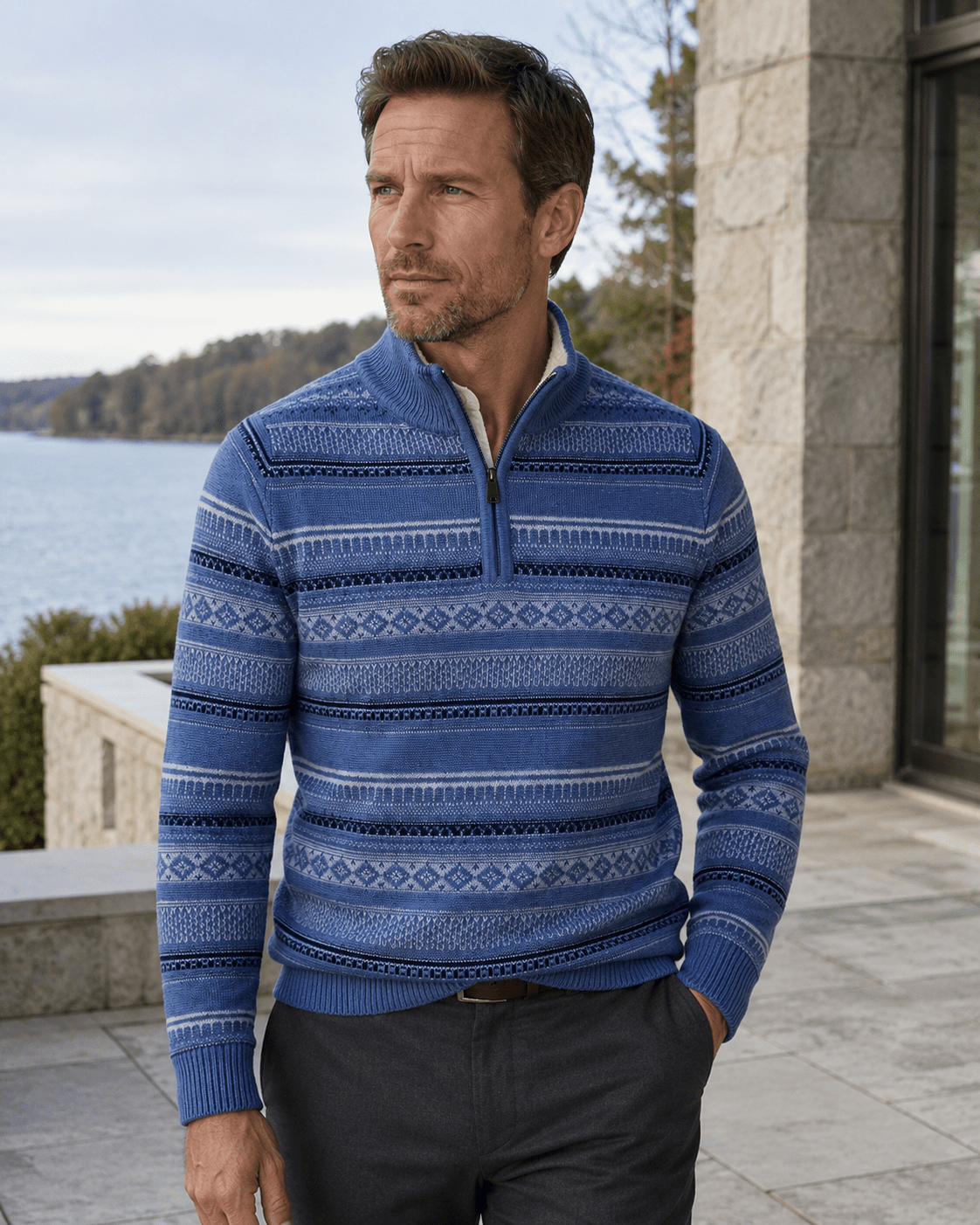 Sherpa-Lined Fair Isle Quarter-Zip Sweater - F/X Fusion - Quarter-Zip Sweater - #color_Blue
