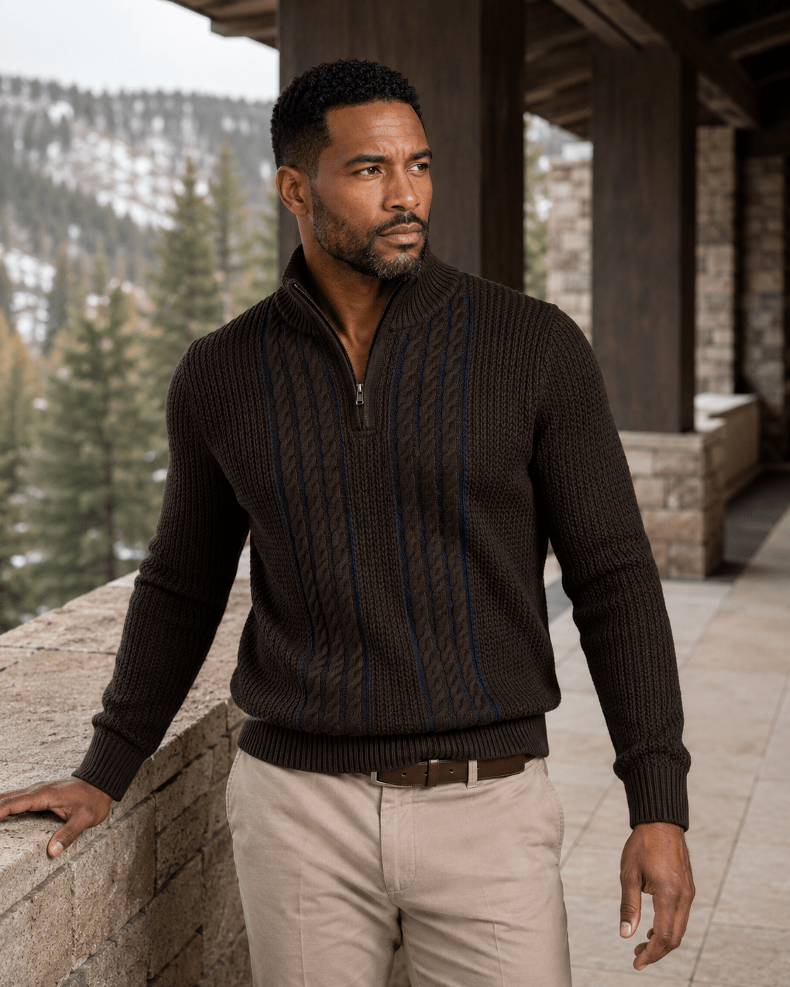 Plaited Cable Quarter-Zip Sweater - F/X Fusion - Quarter-Zip Sweater - #color_Brown