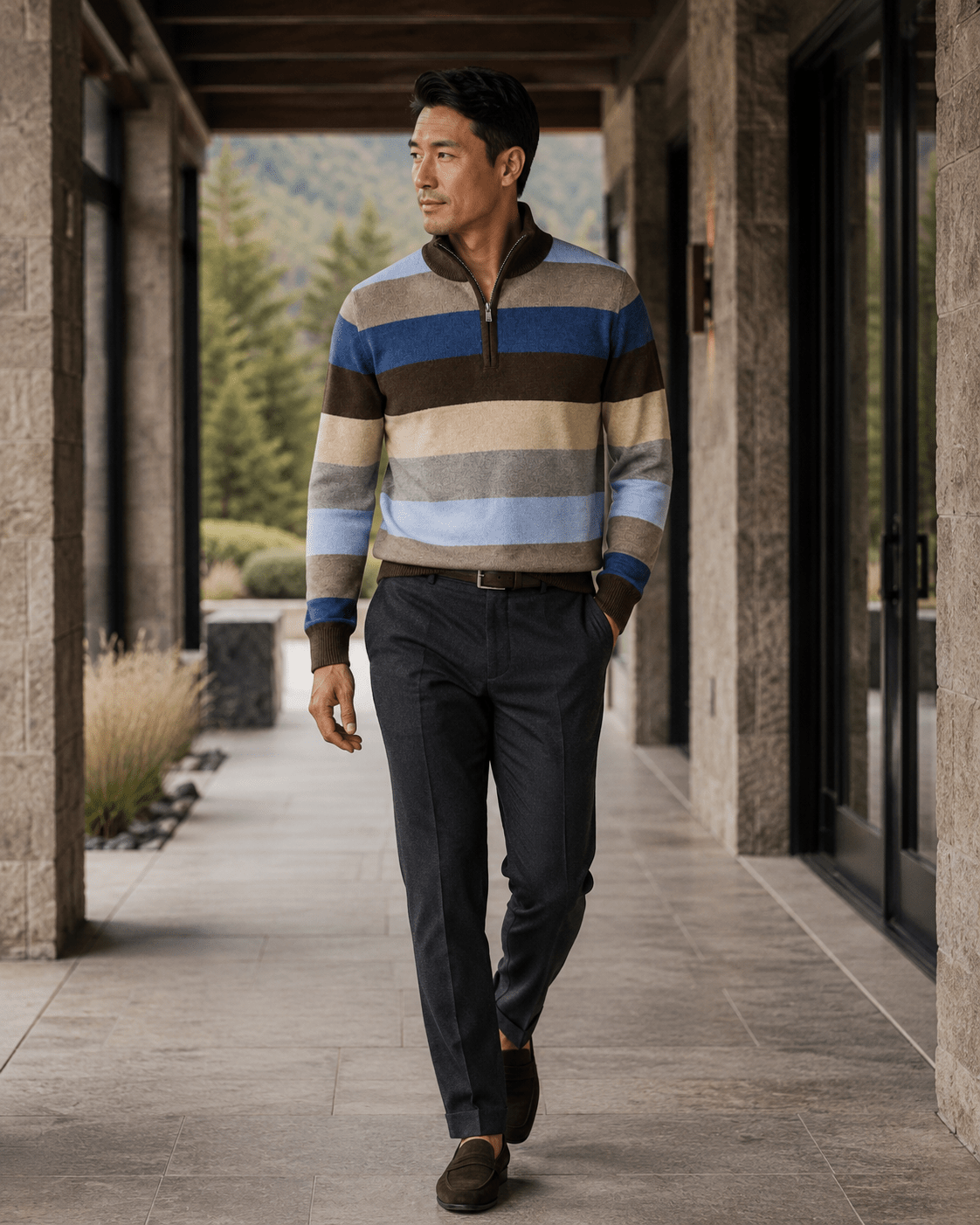 Rugby Stripe Quarter-Zip Sweater - F/X Fusion - Quarter-Zip Sweater - #color_Brown