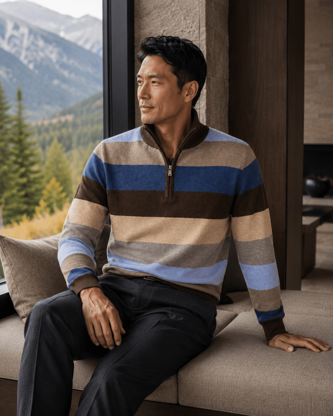 Rugby Stripe Quarter-Zip Sweater - F/X Fusion - Quarter-Zip Sweater - #color_Brown