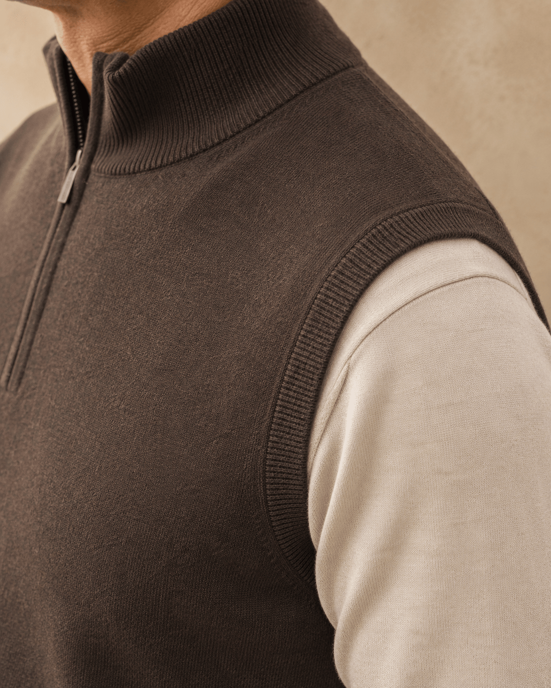 Cotton-Blend Quarter-Zip Vest - F/X Fusion - Quarter-Zip Vest - #color_Brown Heather