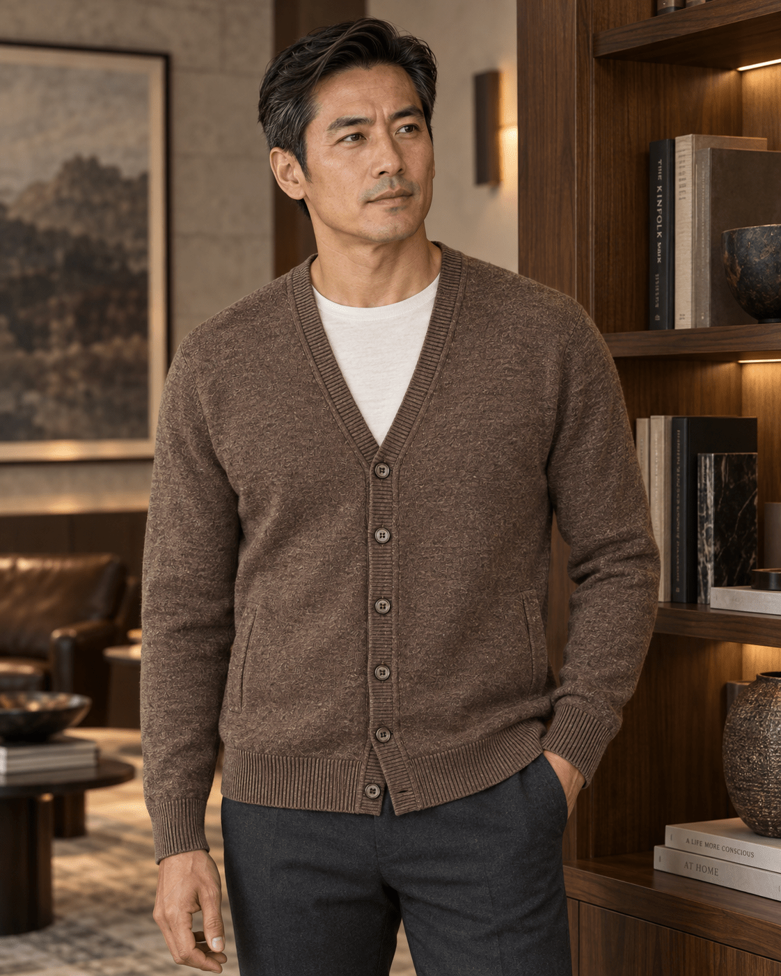 Jersey Button Cardigan Sweater - F/X Fusion - Cardigan Sweater - #color_Brown Heather