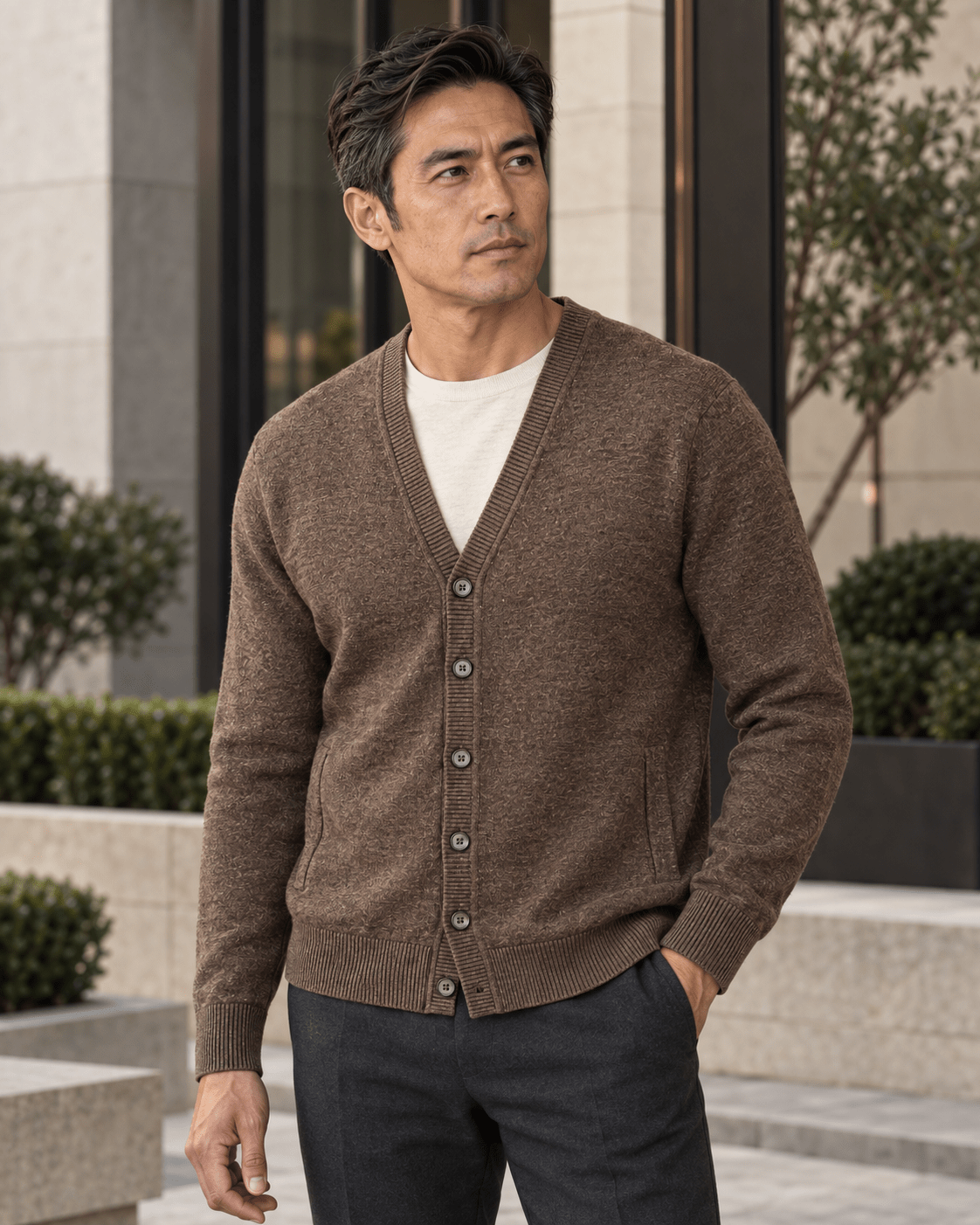Jersey Button Cardigan Sweater - F/X Fusion - Cardigan Sweater - #color_Brown Heather