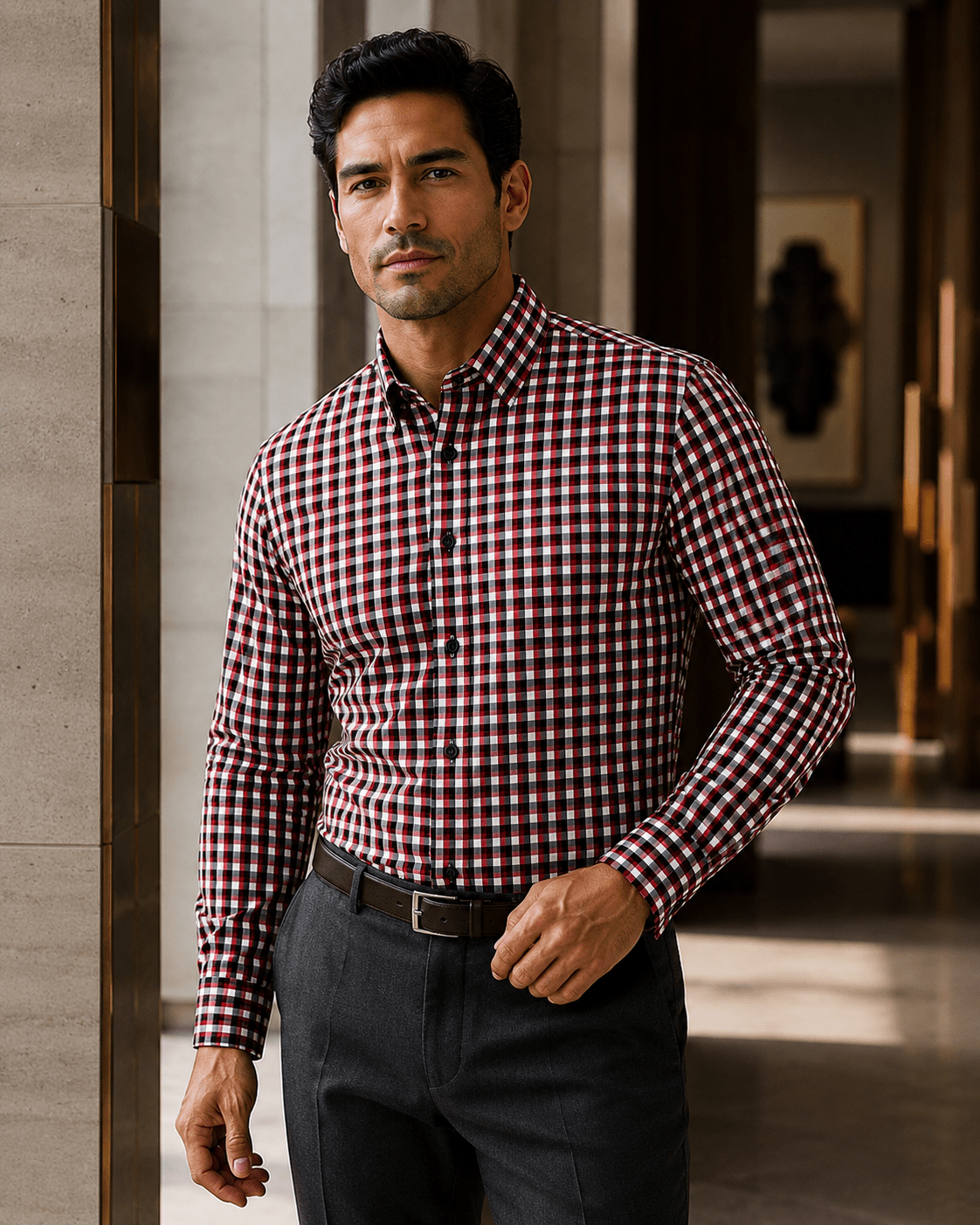 Check Underbutton Dress Shirt - F/X Fusion - Underbutton Dress shirt - #color_Burgundy