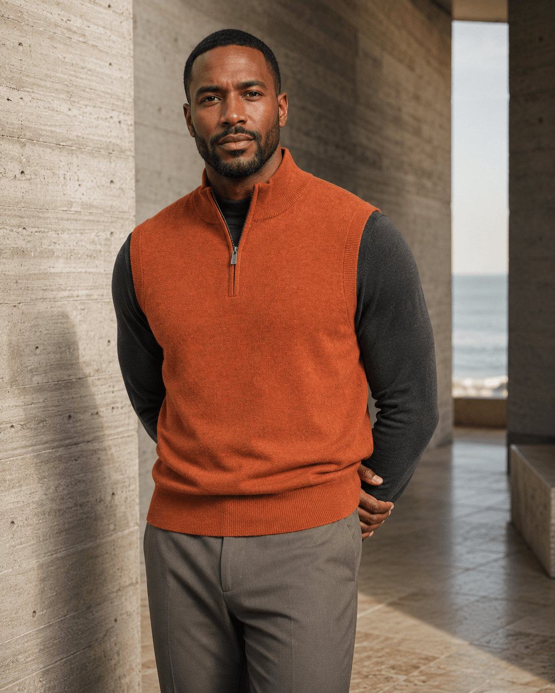Cotton-Blend Quarter-Zip Vest - F/X Fusion - Quarter-Zip Vest - #color_Burnt Orange
