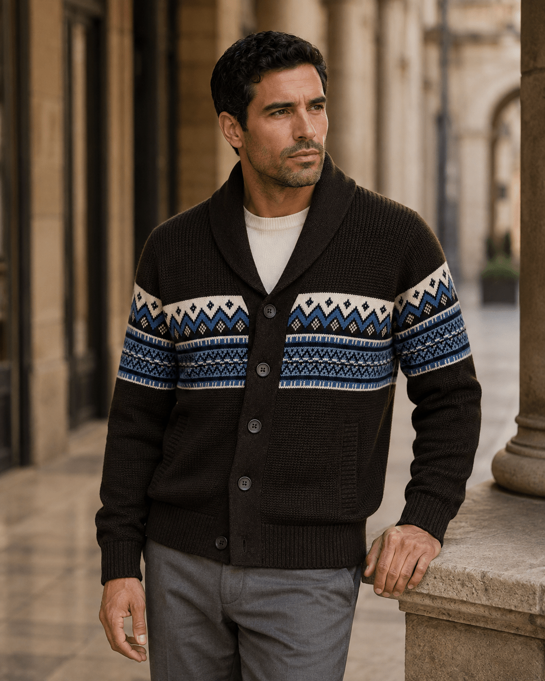 Fair Isle Shawl Collar Cardigan Sweater - F/X Fusion - Cardigan Sweater - #color_Brown
