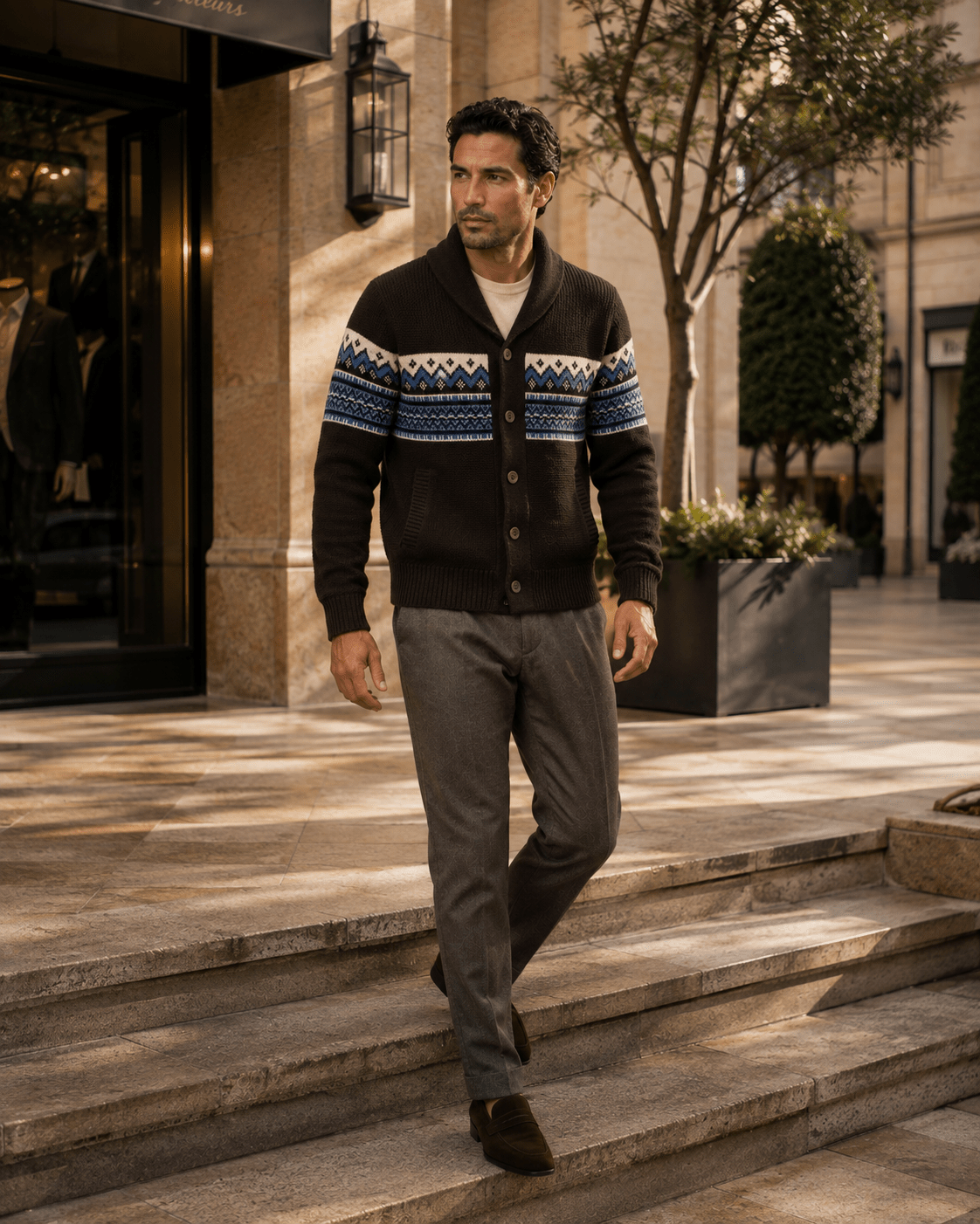 Fair Isle Shawl Collar Cardigan Sweater - F/X Fusion - Cardigan Sweater - #color_Brown