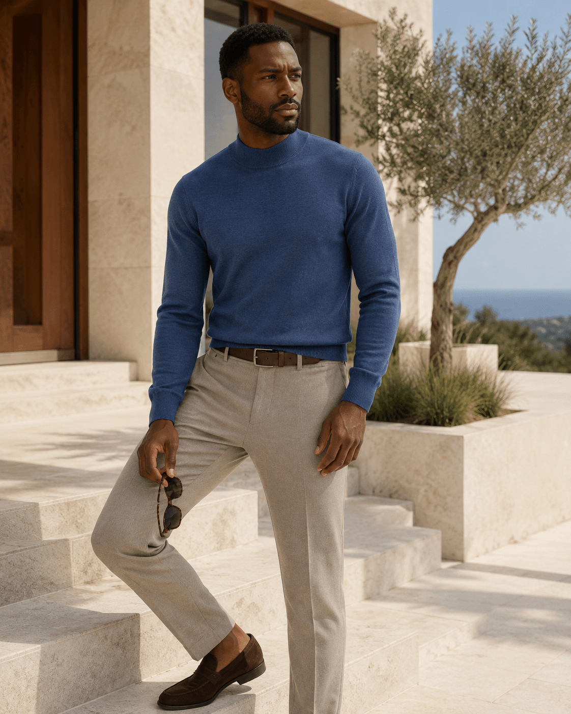 Cotton-Blend Mock Neck Sweater - F/X Fusion - Mock Neck Sweater - #color_Cobalt