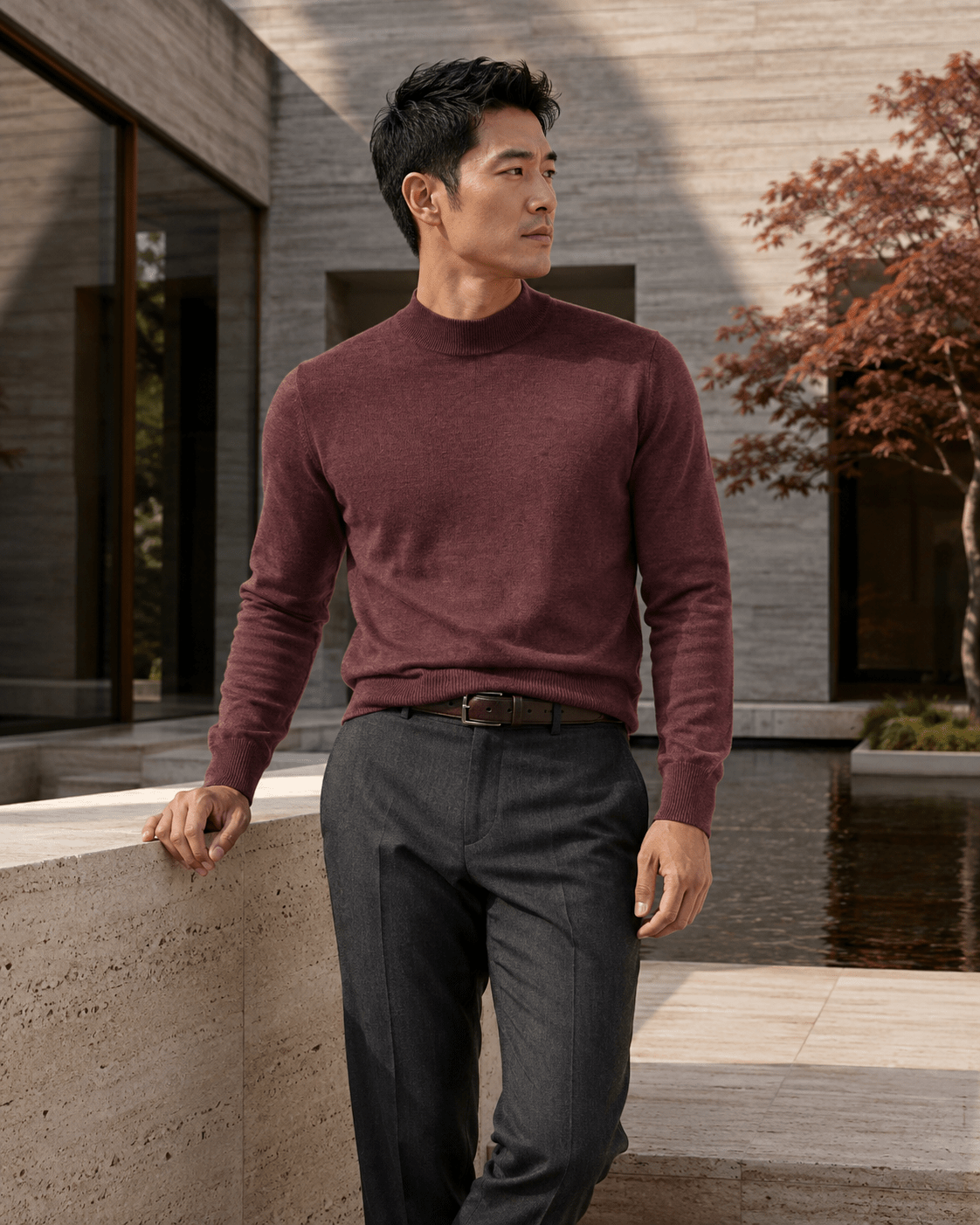 Cotton-Blend Mock Neck Sweater - F/X Fusion - Mock Neck Sweater - #color_Crimson Heather