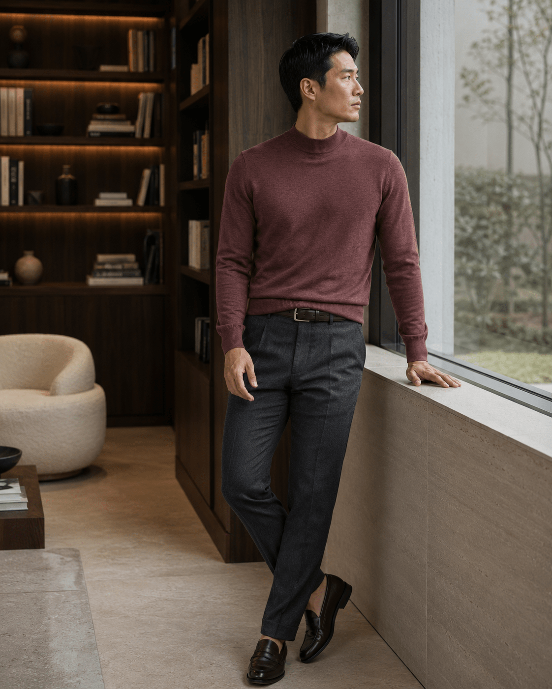 Cotton-Blend Mock Neck Sweater - F/X Fusion - Mock Neck Sweater - #color_Crimson Heather