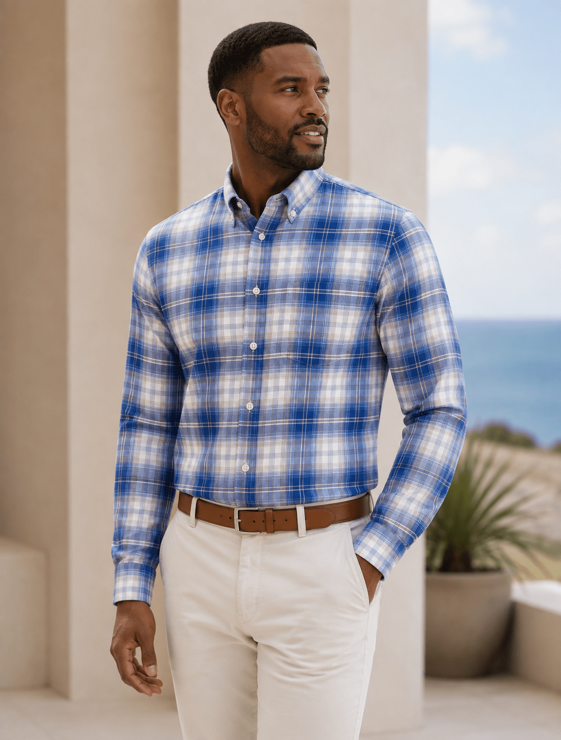 Twill Multi Plaid Button-Down Shirt - F/X Fusion - Button-Down Dress Shirt - #color_Blue
