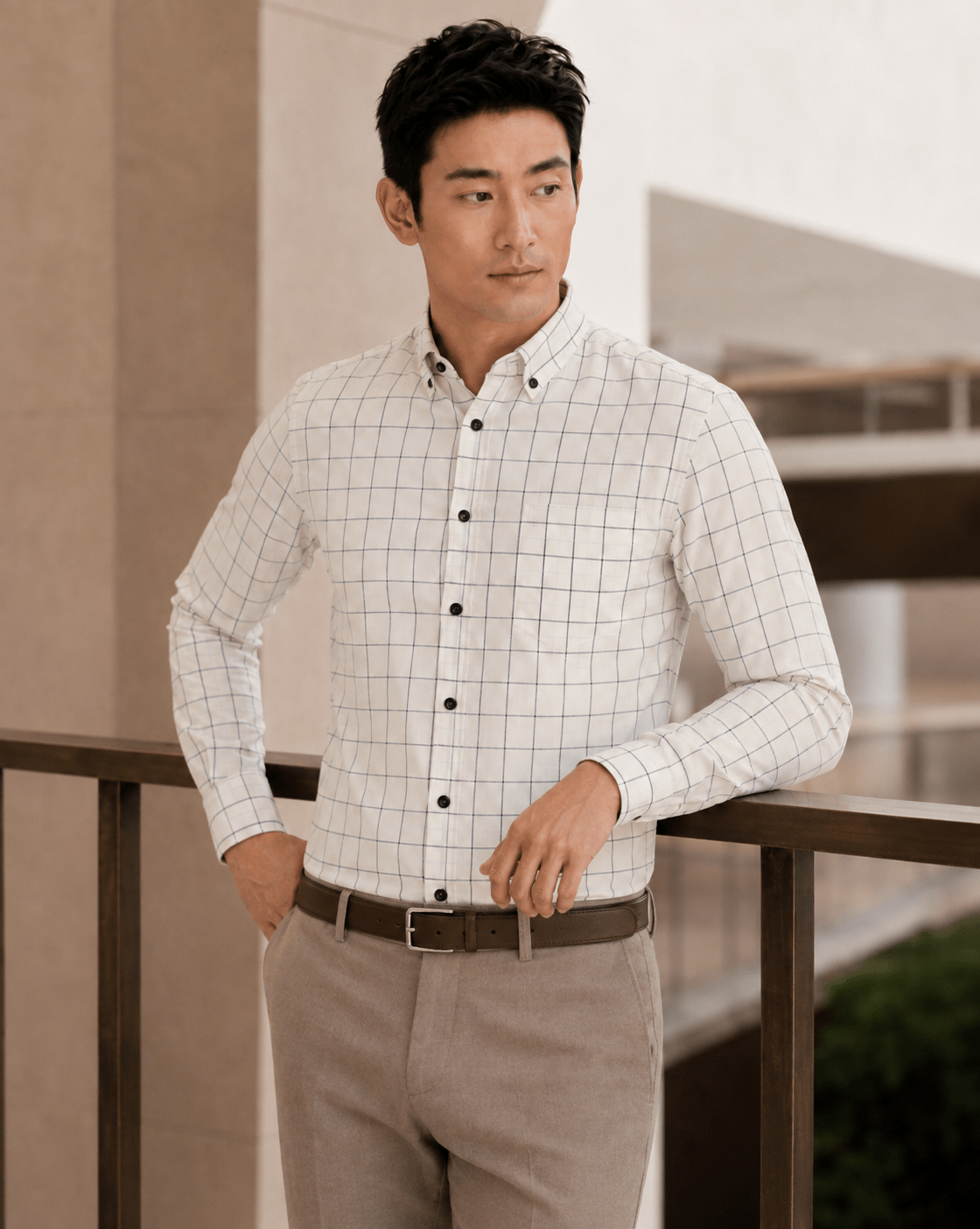 Twill Multi Check Button-Down Shirt - F/X Fusion - Button-Down Dress Shirt - #color_Ecru
