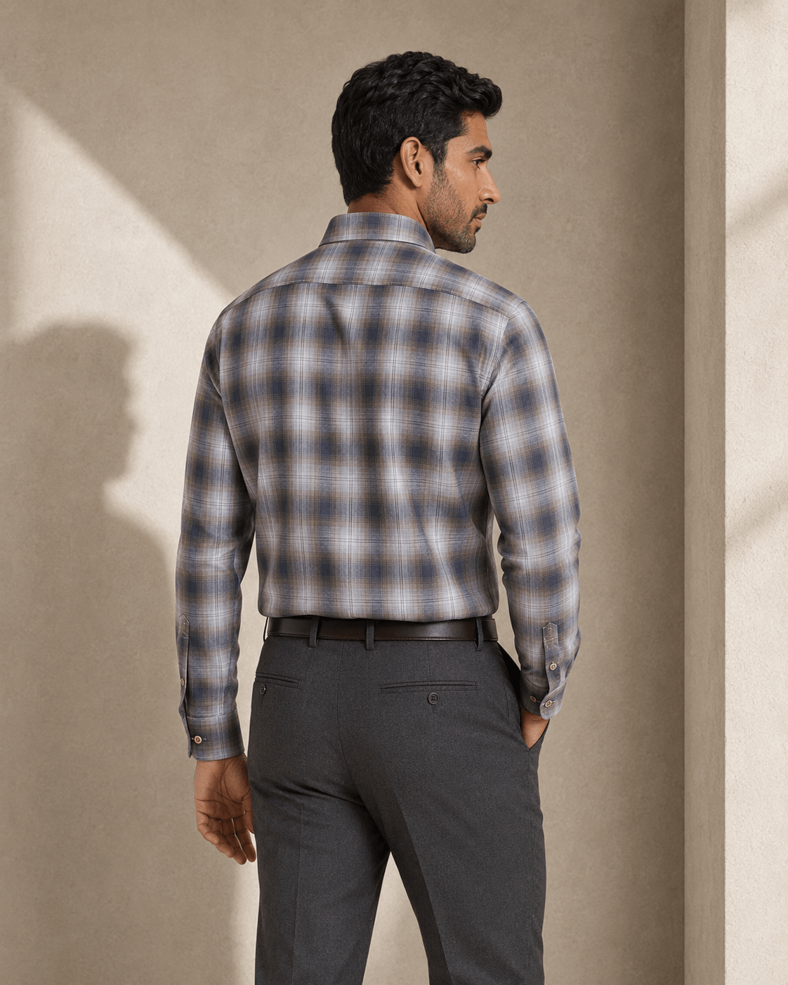 Twill Muted Plaid Button-Down Shirt - F/X Fusion - Button-Down Dress Shirt - #color_Taupe