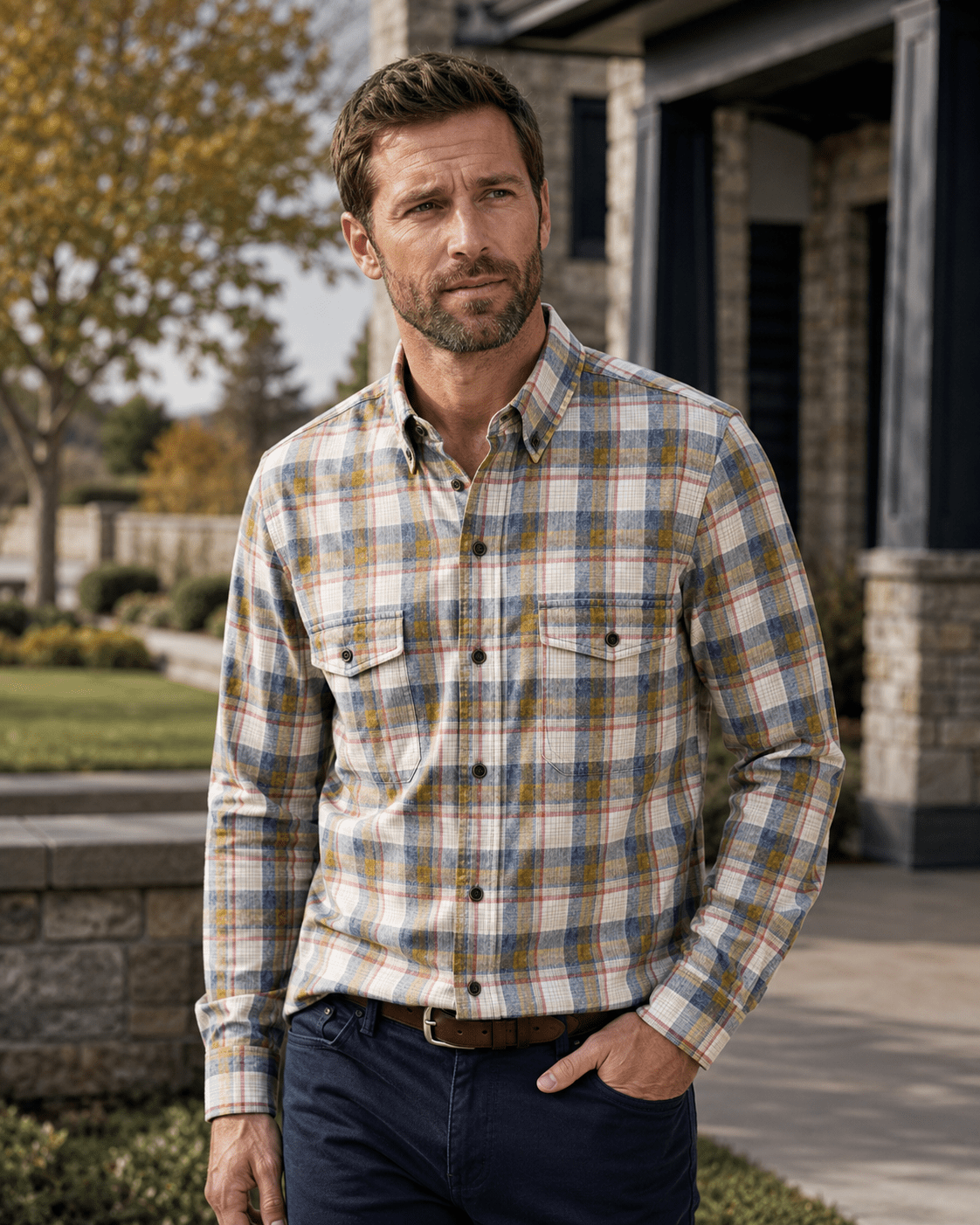 Washed Cotton Plaid Button-Down Shirt - F/X Fusion - Washed Plaid Shirt - #color_Indigo