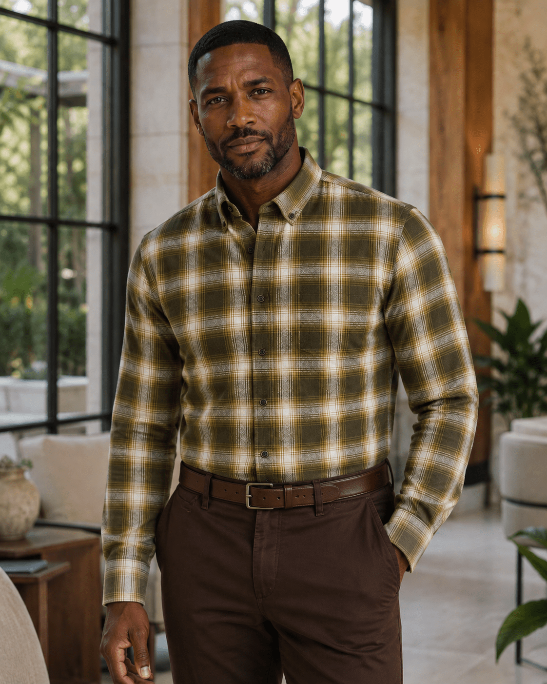 Cotton-Blend Plaid Flannel Button-Down Shirt - F/X Fusion - Button-Down CVC Flannel - #color_Gold