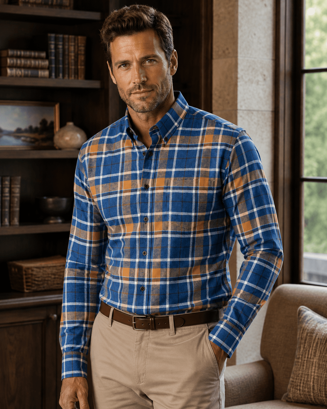 Cotton-Blend Plaid Flannel Button-Down Shirt - F/X Fusion - Button-Down CVC Flannel - #color_Blue/tan