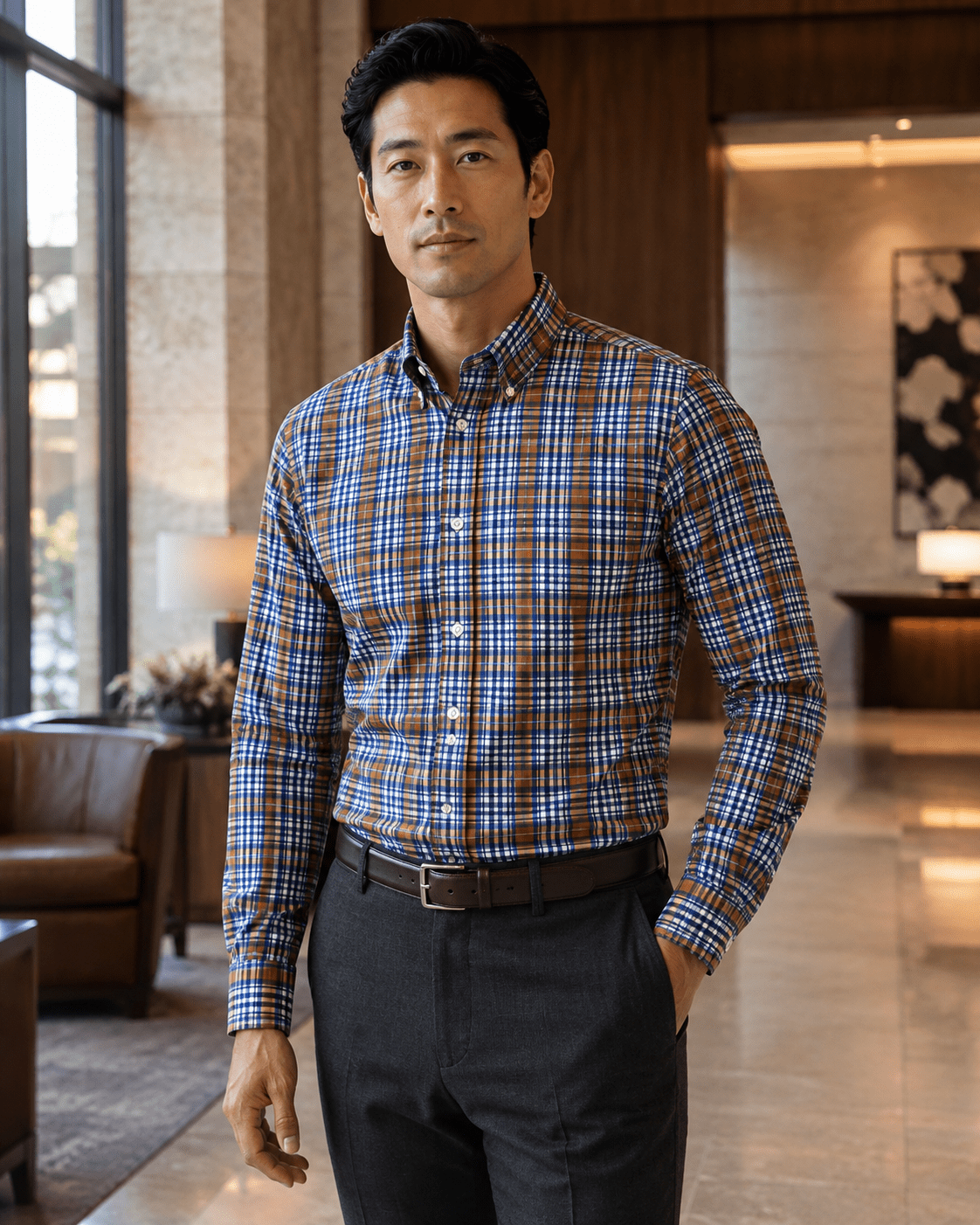 Multi Plaid Button-Down Stretch Shirt - F/X Fusion - Button-Down Dress Shirt - #color_Navy/Brown