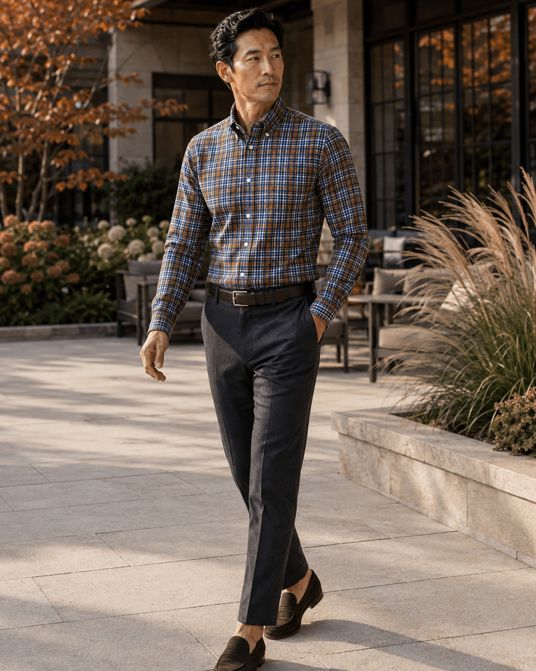 Multi Plaid Button-Down Stretch Shirt - F/X Fusion - Button-Down Dress Shirt - #color_Navy/Brown