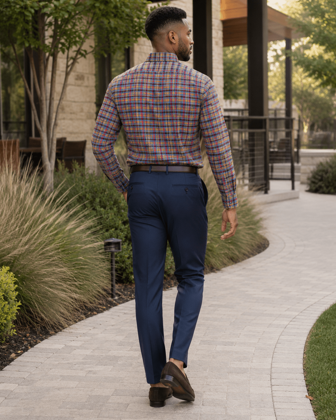 Multi Plaid Stretch Shirt - F/X Fusion - Button-Down Dress Shirt - #color_deep lake/Crimson