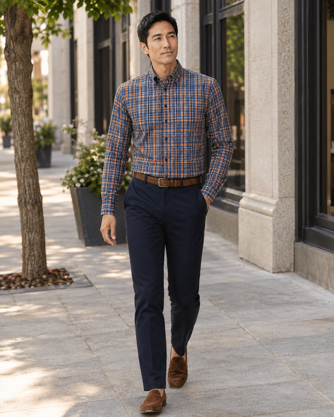 Multi Plaid Stretch Shirt - F/X Fusion - Button-Down Dress Shirt - #color_Navy/Orange
