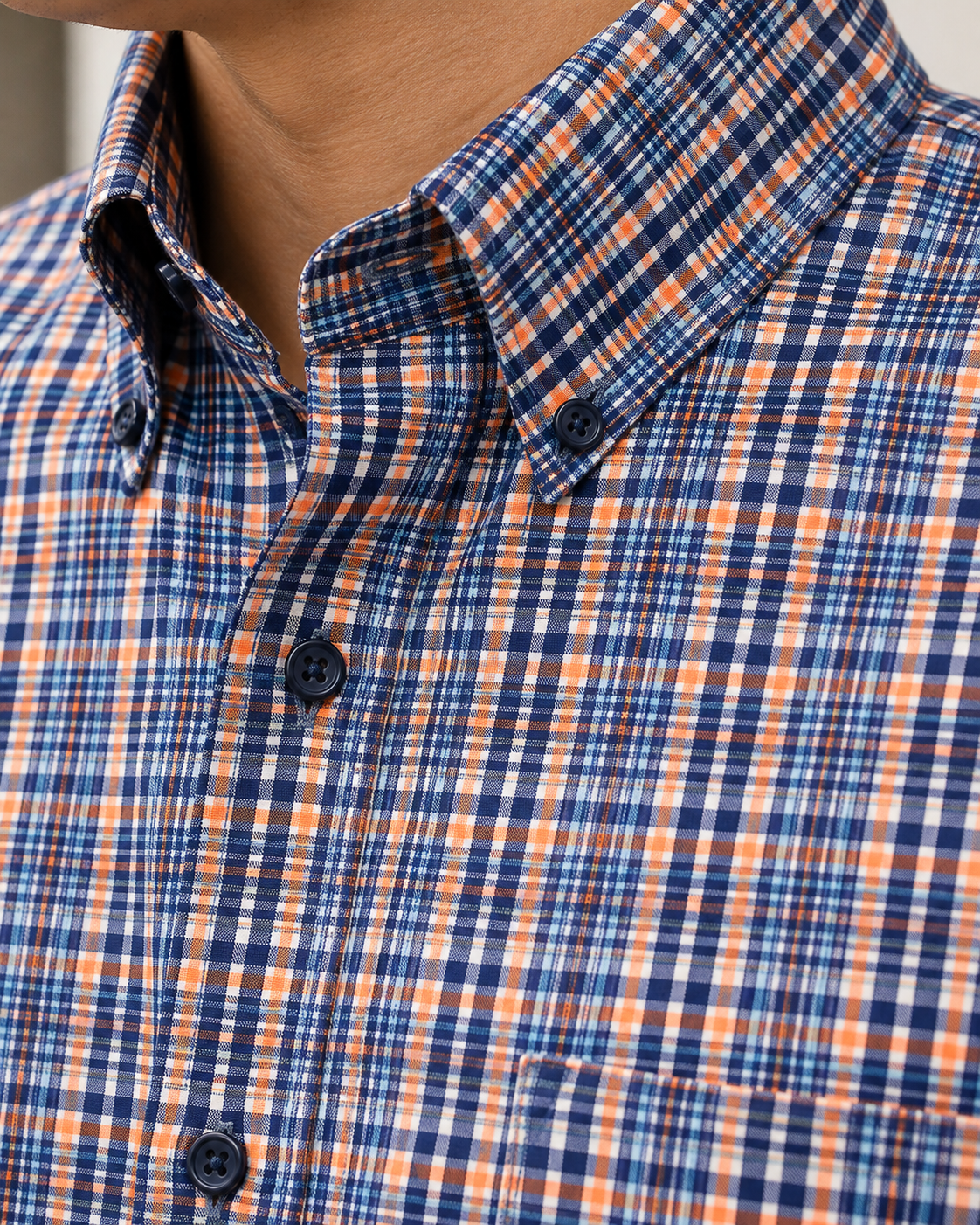 Multi Plaid Stretch Shirt - F/X Fusion - Button-Down Dress Shirt - #color_Navy/Orange