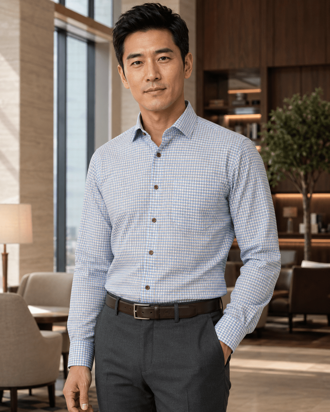 Gingham Check Underbutton Shirt - F/X Fusion - Underbutton Dress shirt - #color_Blue/Taupe