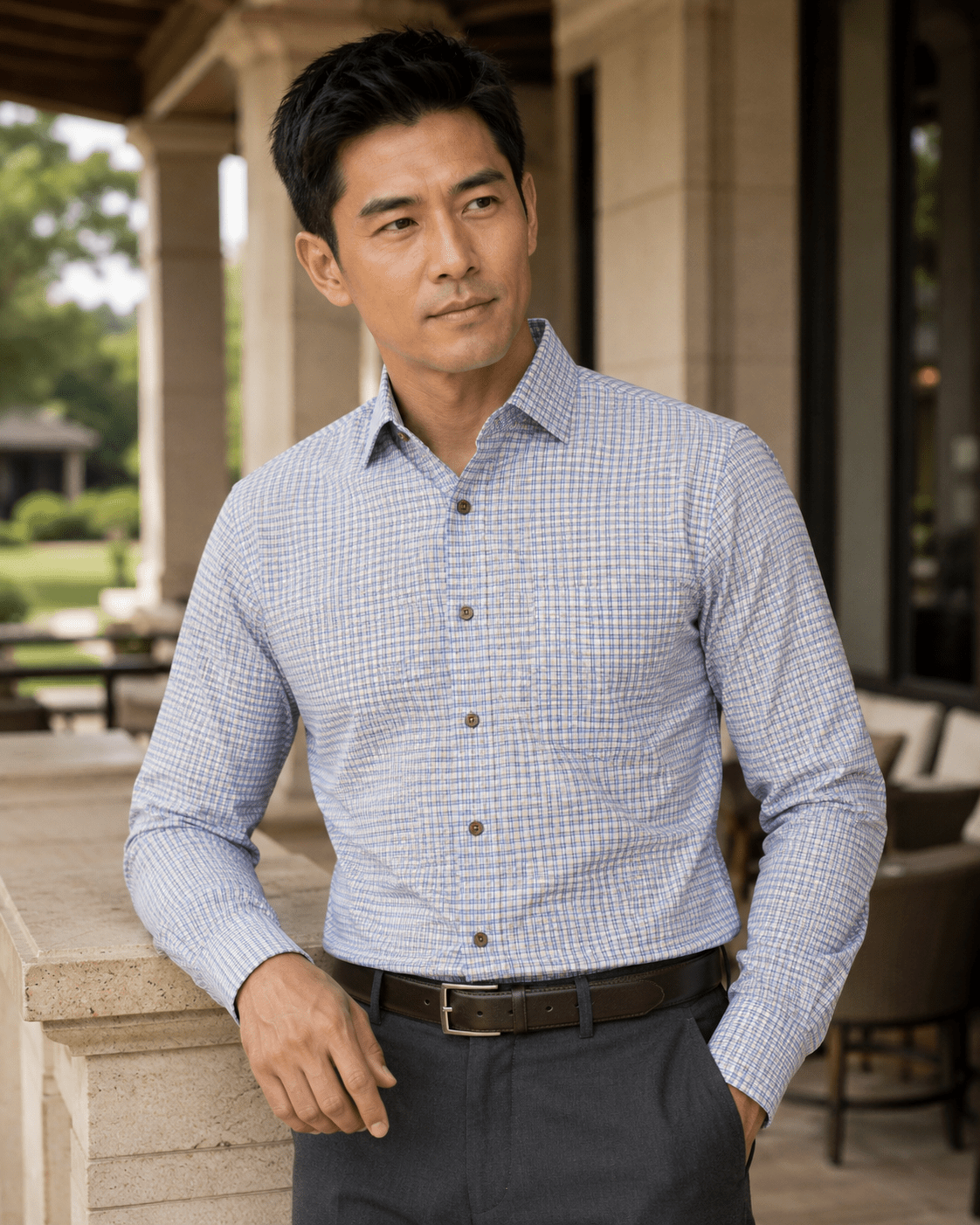 Gingham Check Underbutton Shirt - F/X Fusion - Underbutton Dress shirt - #color_Blue/Taupe