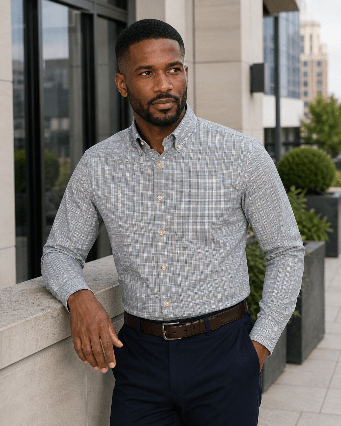 Mini Check Wrinkle Free Button-Down Shirt - F/X Fusion - Button-Down Dress Shirt - #color_Tan/Blue