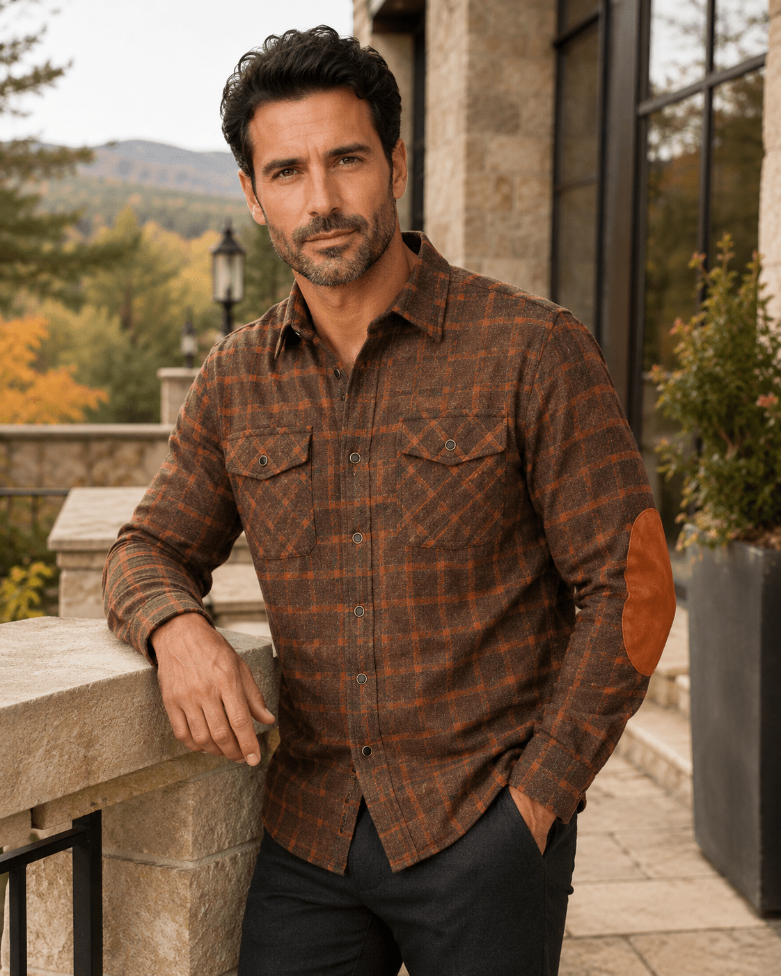 Textured Plaid Button-Up Shirt - F/X Fusion - Overshirt Button-Up - #color_Burnt Orange