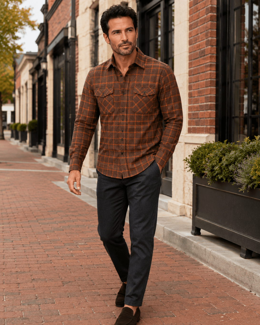 Textured Plaid Button-Up Shirt - F/X Fusion - Overshirt Button-Up - #color_Burnt Orange