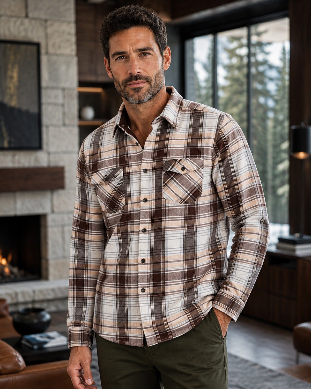 Micro-Fleece Plaid Button-Up Shirt - F/X Fusion - Overshirt Button-Up - #color_Brown/Ecru