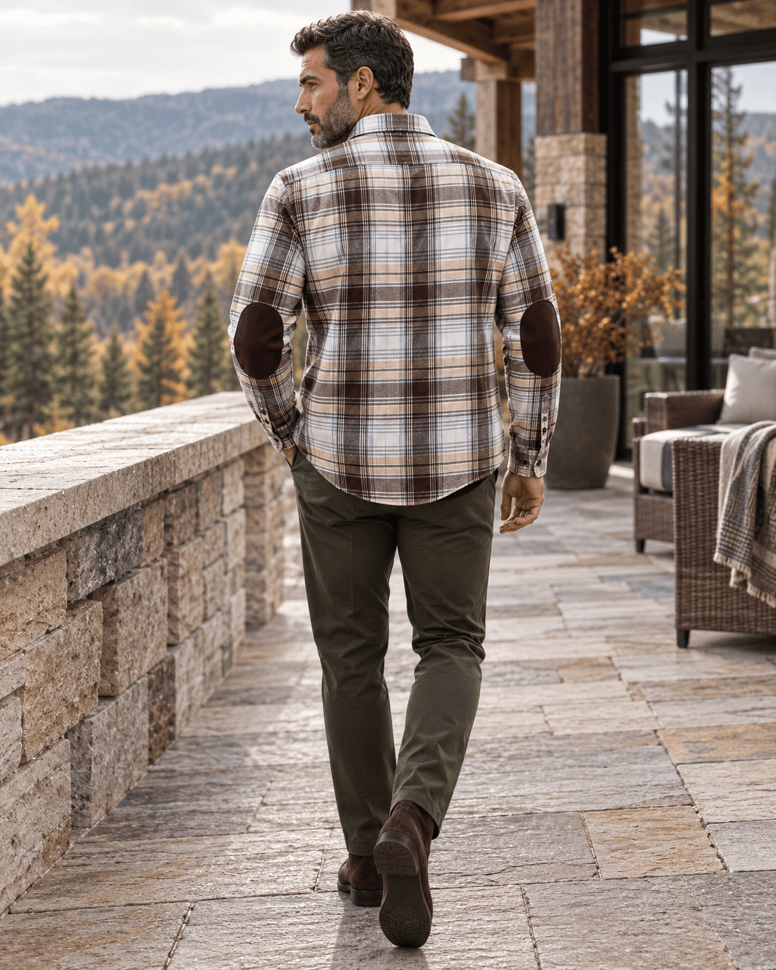 Micro-Fleece Plaid Button-Up Shirt - F/X Fusion - Overshirt Button-Up - #color_Brown/Ecru