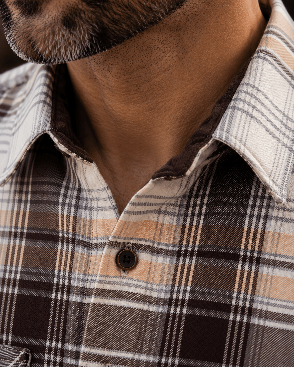 Micro-Fleece Plaid Button-Up Shirt - F/X Fusion - Overshirt Button-Up - #color_Brown/Ecru