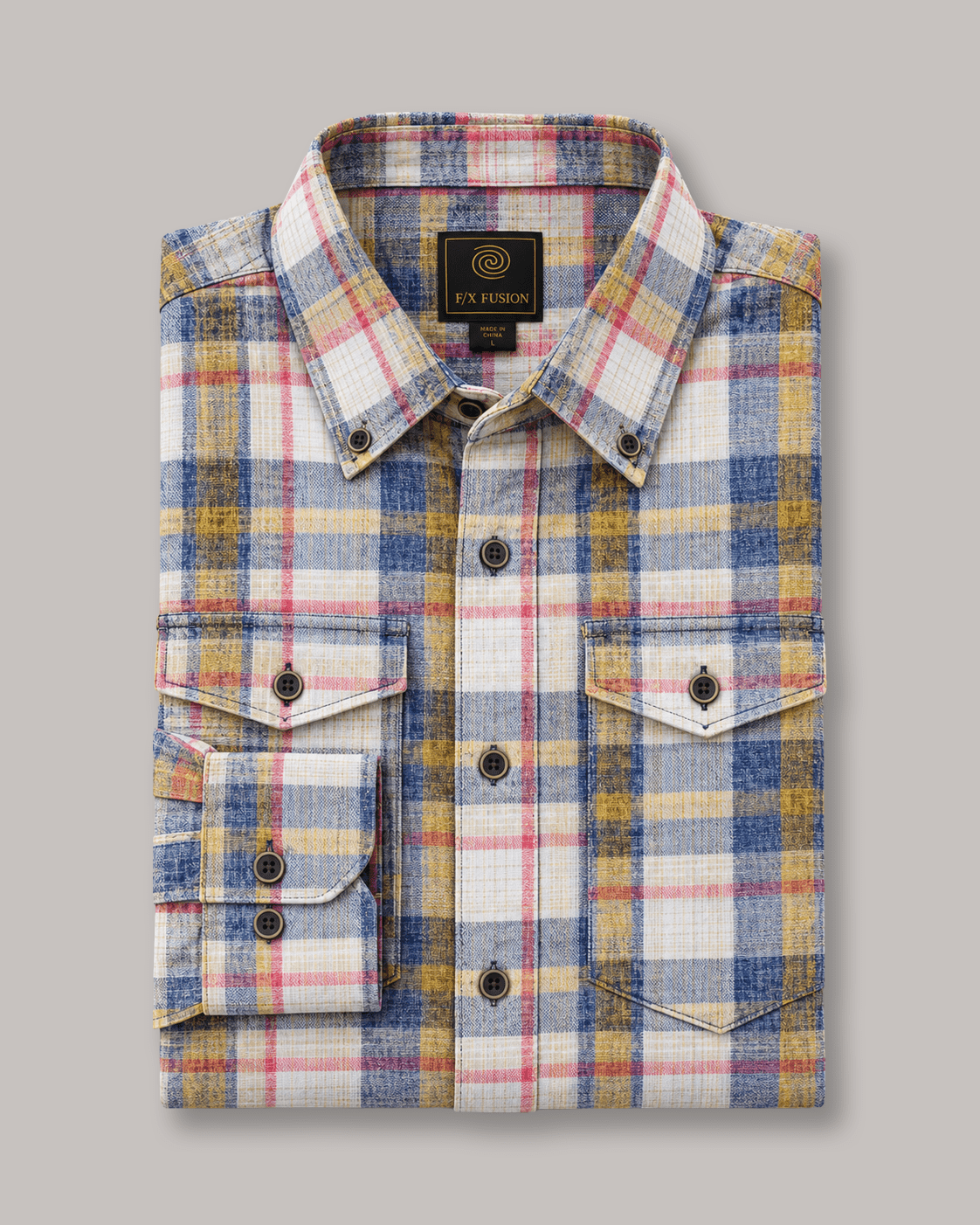 Washed Cotton Plaid Button-Down Shirt - F/X Fusion - Washed Plaid Shirt - #color_Indigo