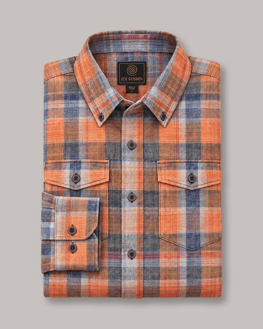 Washed Cotton Plaid Button-Down Shirt - F/X Fusion - Washed Plaid Shirt - #color_Sienna