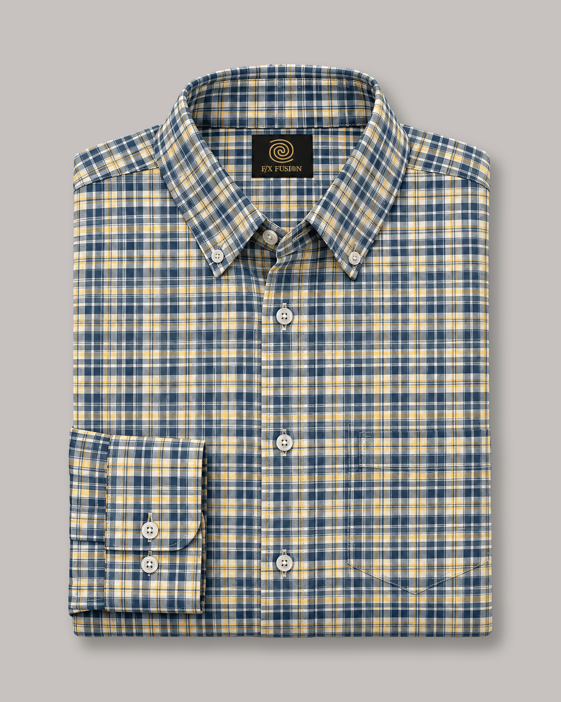 Multi Plaid Stretch Shirt - F/X Fusion - Button-Down Dress Shirt - #color_Navy/Yellow