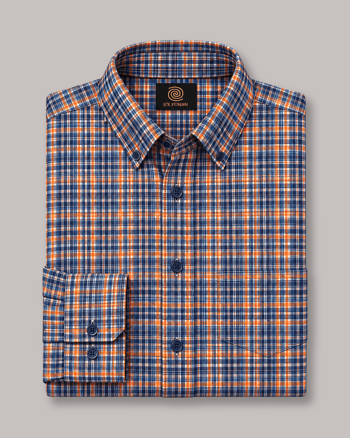 Multi Plaid Stretch Shirt - F/X Fusion - Button-Down Dress Shirt - #color_Navy/Orange