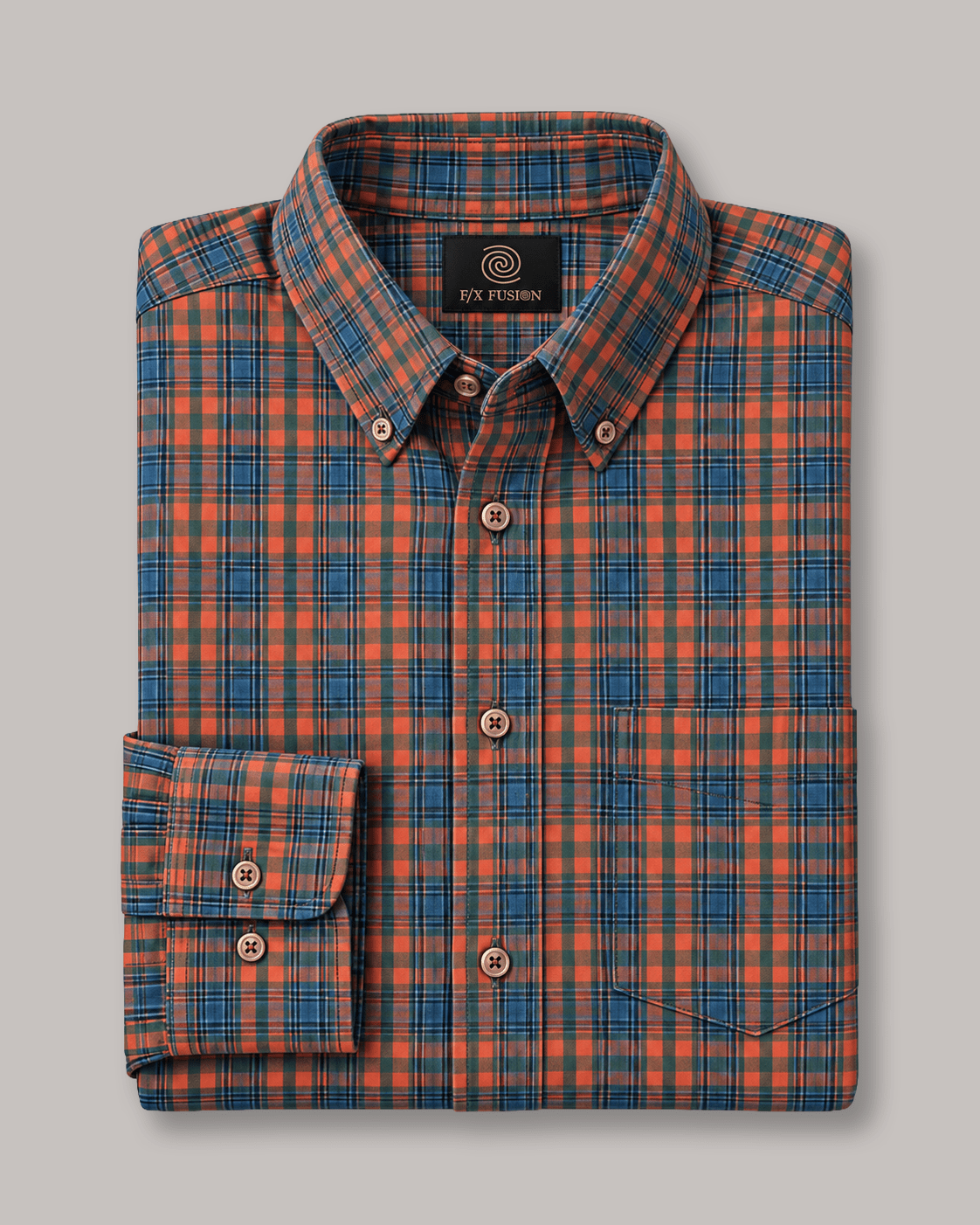 Multi Plaid Stretch Shirt - F/X Fusion - Button-Down Dress Shirt - #color_Burnt Sienna/Hunter