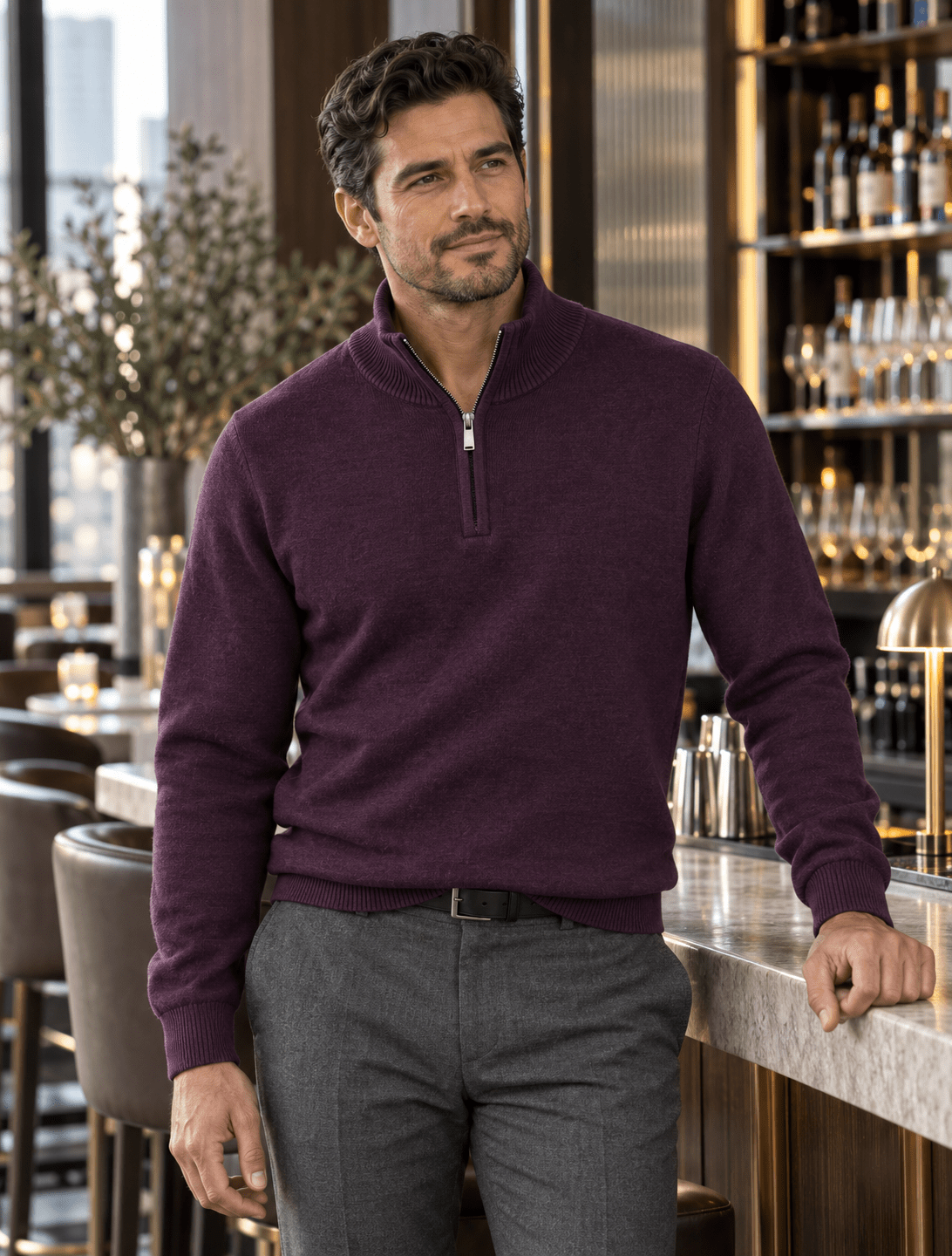 Cotton-Blend Quarter-Zip Sweater - F/X Fusion - Quarter-Zip Sweater - #color_Grape