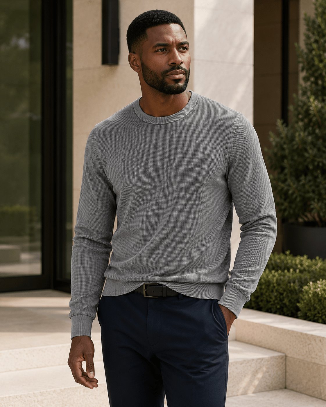 Sandwashed Thermal Crewneck Sweater - F/X Fusion - Crewneck Sweater - #color_Grey