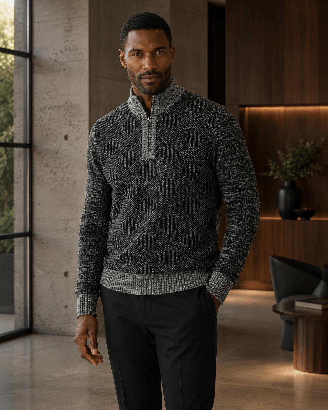 Textured Lattice Quarter-Zip Sweater - F/X Fusion - Quarter-Zip Sweater - #color_Grey