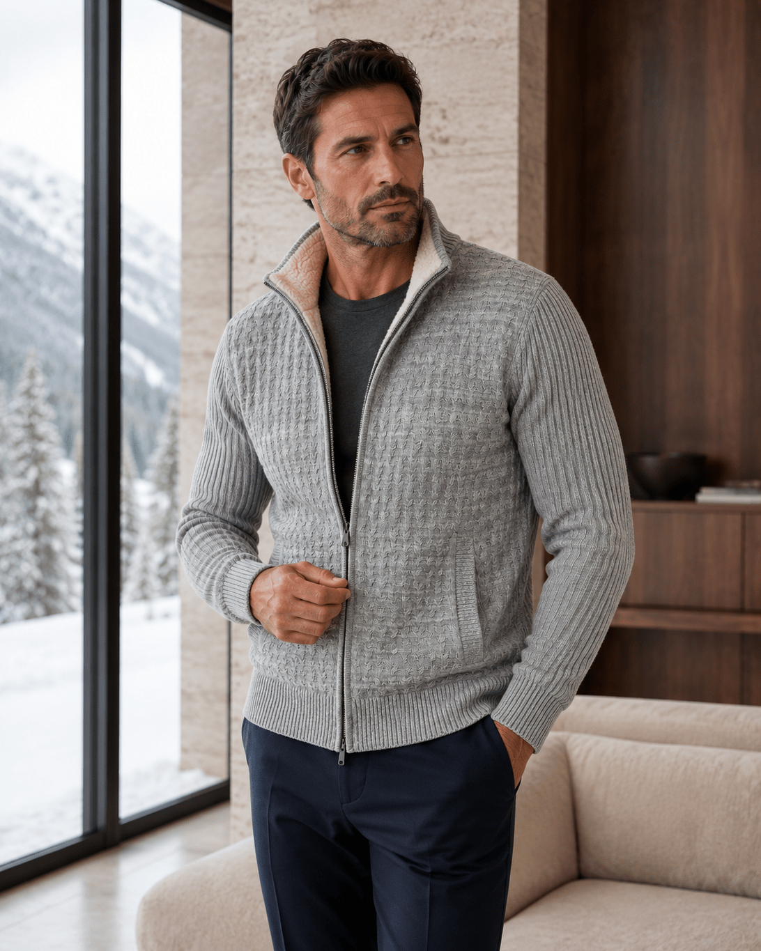 Sherpa-Lined Cable Full-Zip Sweater - F/X Fusion - Full-Zip Sweater - #color_Grey