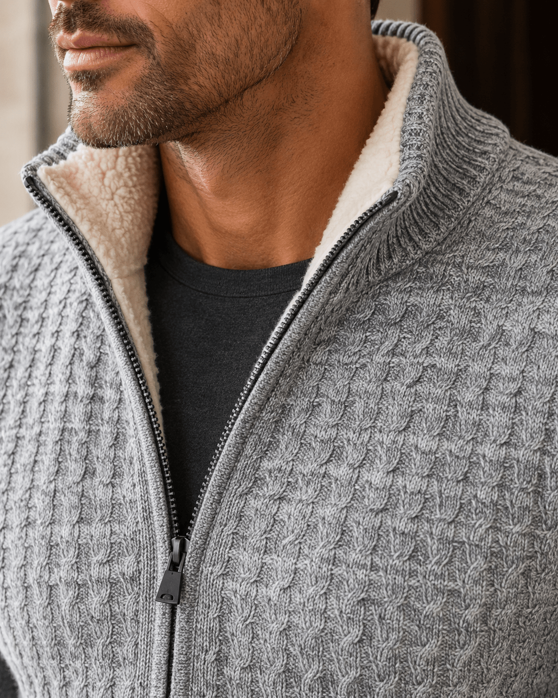 Sherpa-Lined Cable Full-Zip Sweater - F/X Fusion - Full-Zip Sweater - #color_Grey