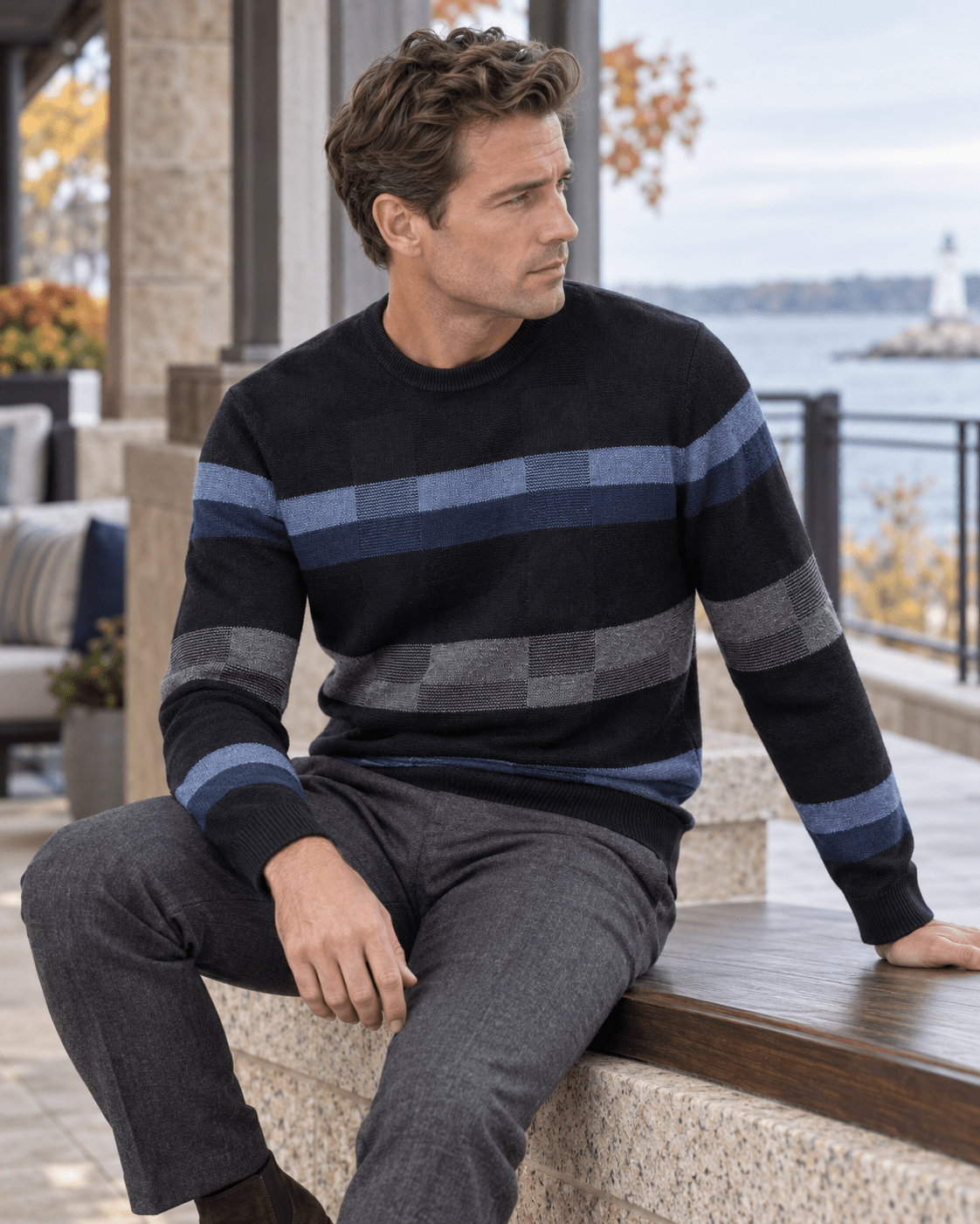 Textured Patterned Crewneck Sweater - F/X Fusion - Crewneck Sweater - #color_Navy