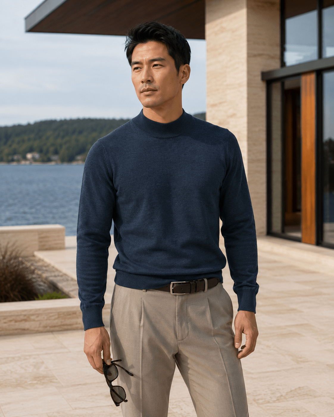Cotton-Blend Mock Neck Sweater - F/X Fusion - Mock Neck Sweater - #color_Navy