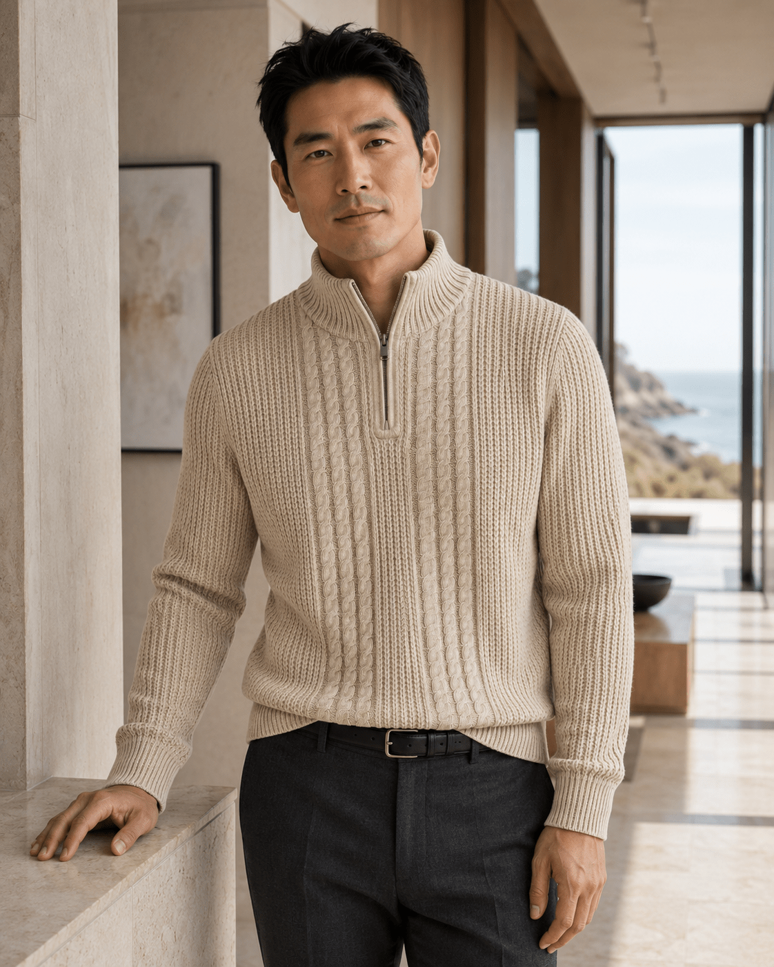 Plaited Cable Quarter-Zip Sweater - F/X Fusion - Quarter-Zip Sweater - #color_Oatmeal