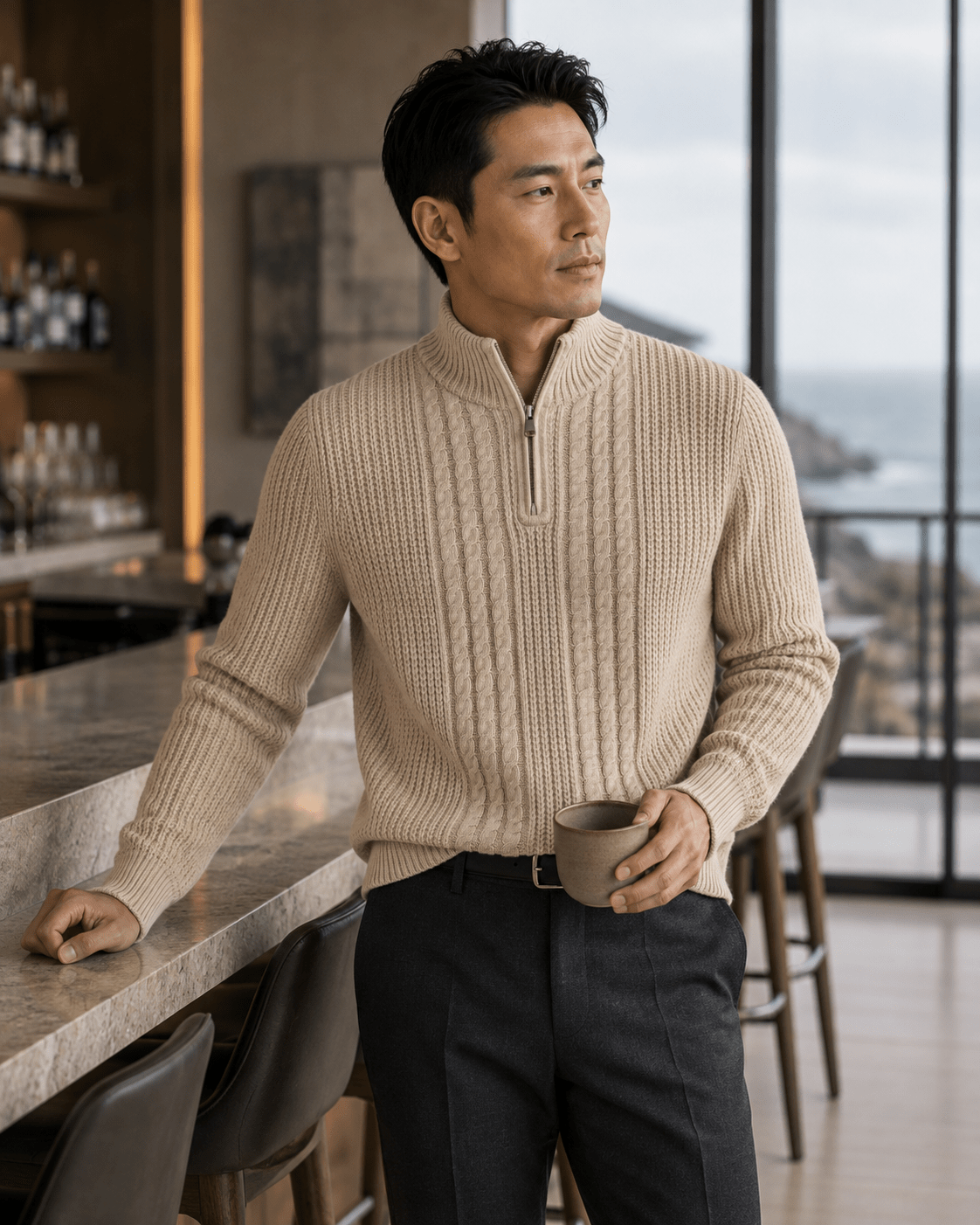 Plaited Cable Quarter-Zip Sweater - F/X Fusion - Quarter-Zip Sweater - #color_Oatmeal